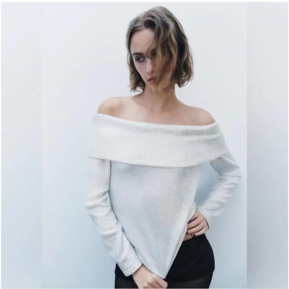 NWT ZARA EXPOSED SHOULDER METALLIC SWEATER/M - Picture 3 of 14